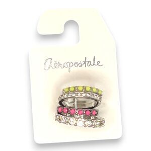 Aeropostale Stacking Rings Set of 4 Size 7.5 Pink Green Crystal NWT